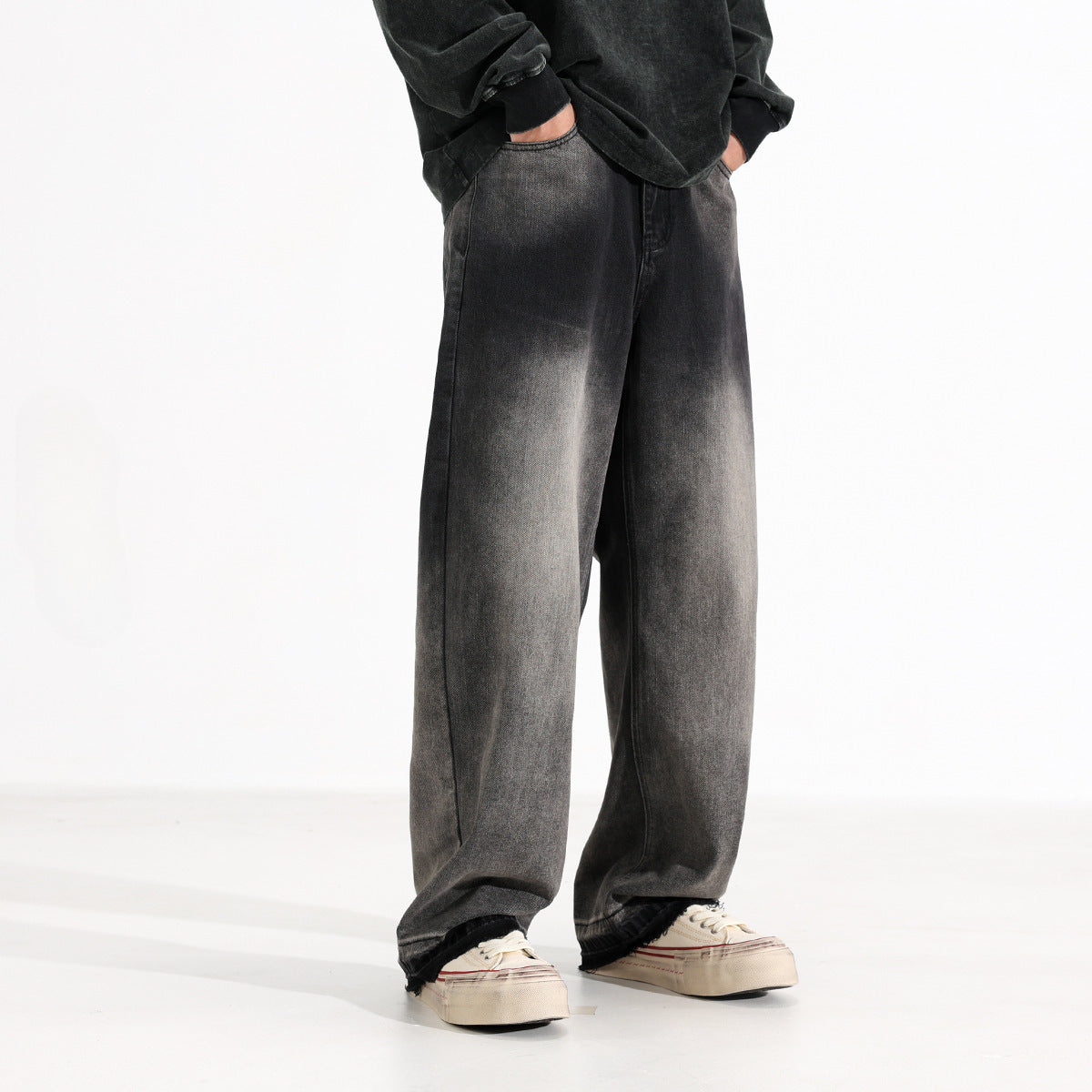 American-style Heavy Washed Black And Gray Straight Jeans Men's Loose Wide Leg Casual Trousers - Lootquake