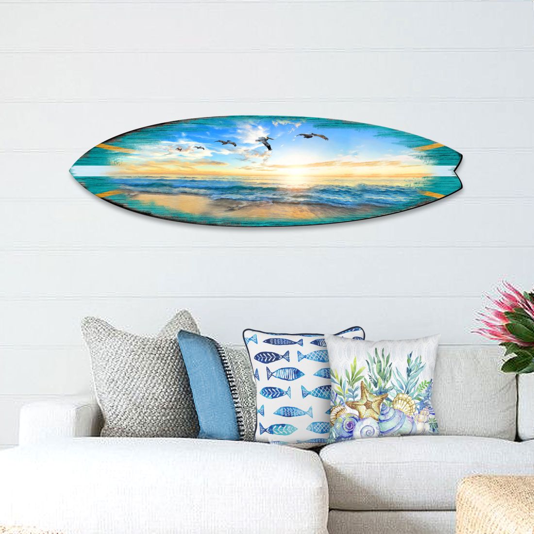 Tabla de surf al atardecer, arte costero para puerta de G. DeBrekht - Decoración costera con vida marina - 8490103HS