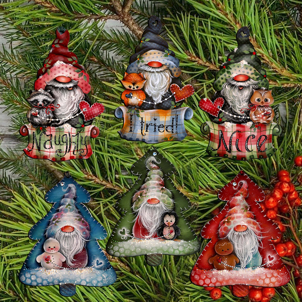 Christmas Gnomes Decorative Wooden Clip-on Ornaments Set of 6 by Jamie Mills-Price - Christmas Decor - 8090049C-MP-S6
