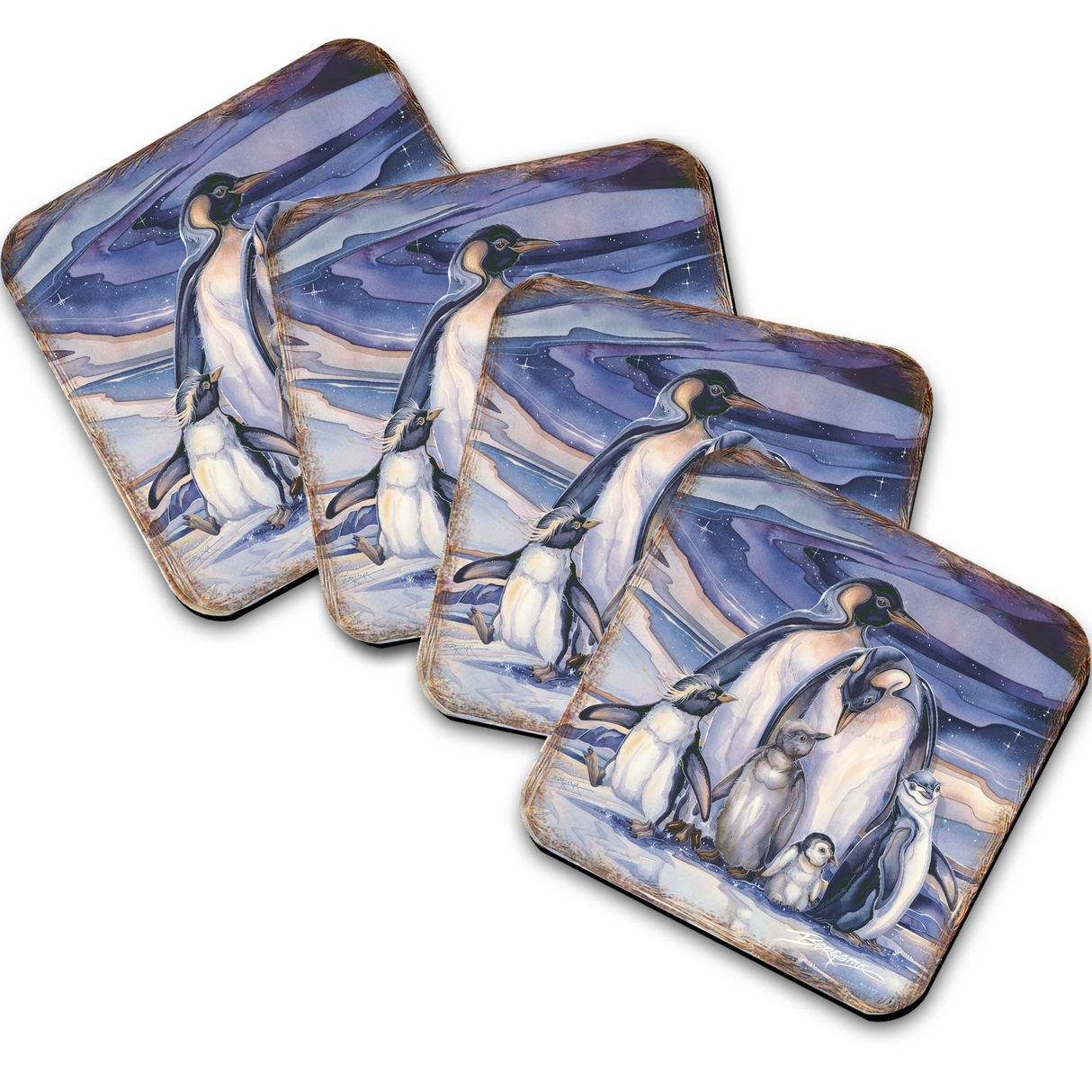 Juego de 4 posavasos de corcho de madera con diseño de familia de pingüinos de J. Bergsma - Decoración de fauna costera - 8199472C-S4-S4 (Copia)