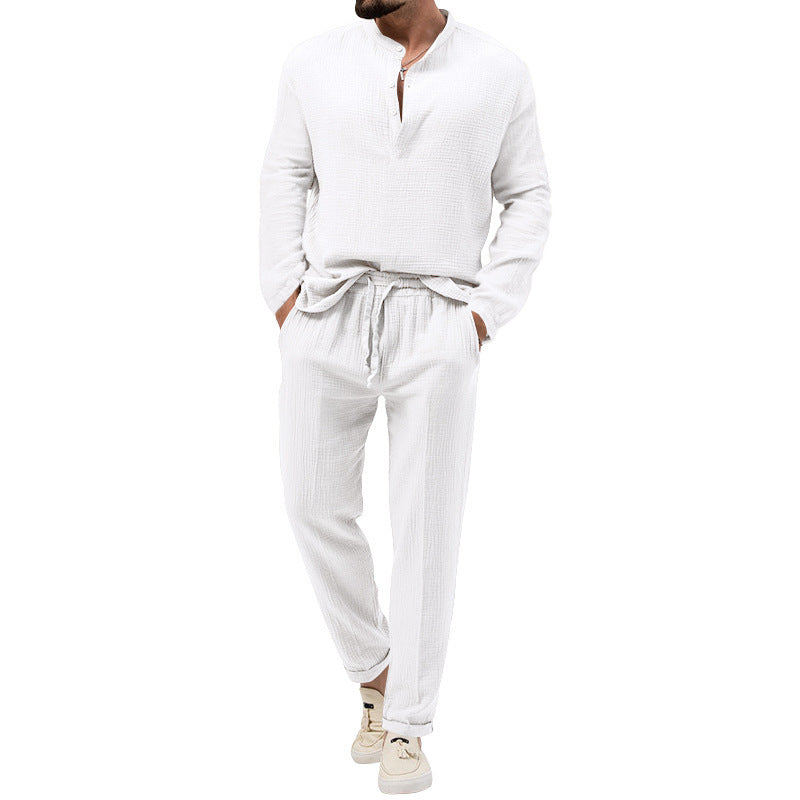 Men's Solid Color Casual Long Sleeve Shirt And Trousers Suit - Lootquake