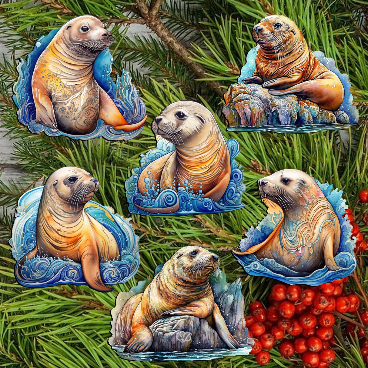 Coastal Sea Lions Decorative Wooden Clip-on Ornaments Set of 6 by G. Debrekht - Wildlife Decor - 8090127C-S6