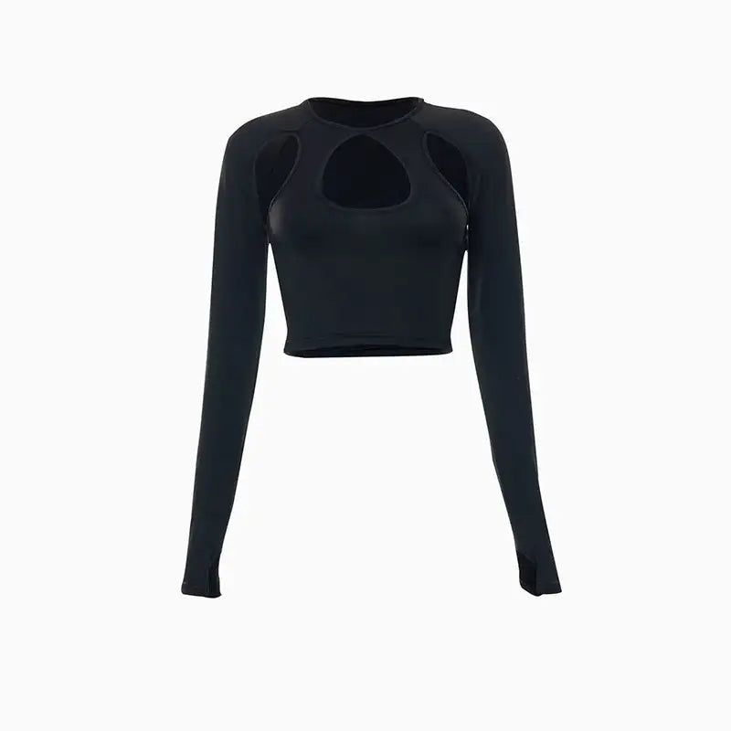 Round Neck Long Sleeve Cut Out Crop Tops - Lootquake