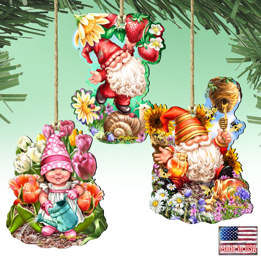 Juego de 3 adornos de madera de gnomos de Gelsinger - Decoración navideña de Papá Noel y muñeco de nieve - 8461060-S3-DG