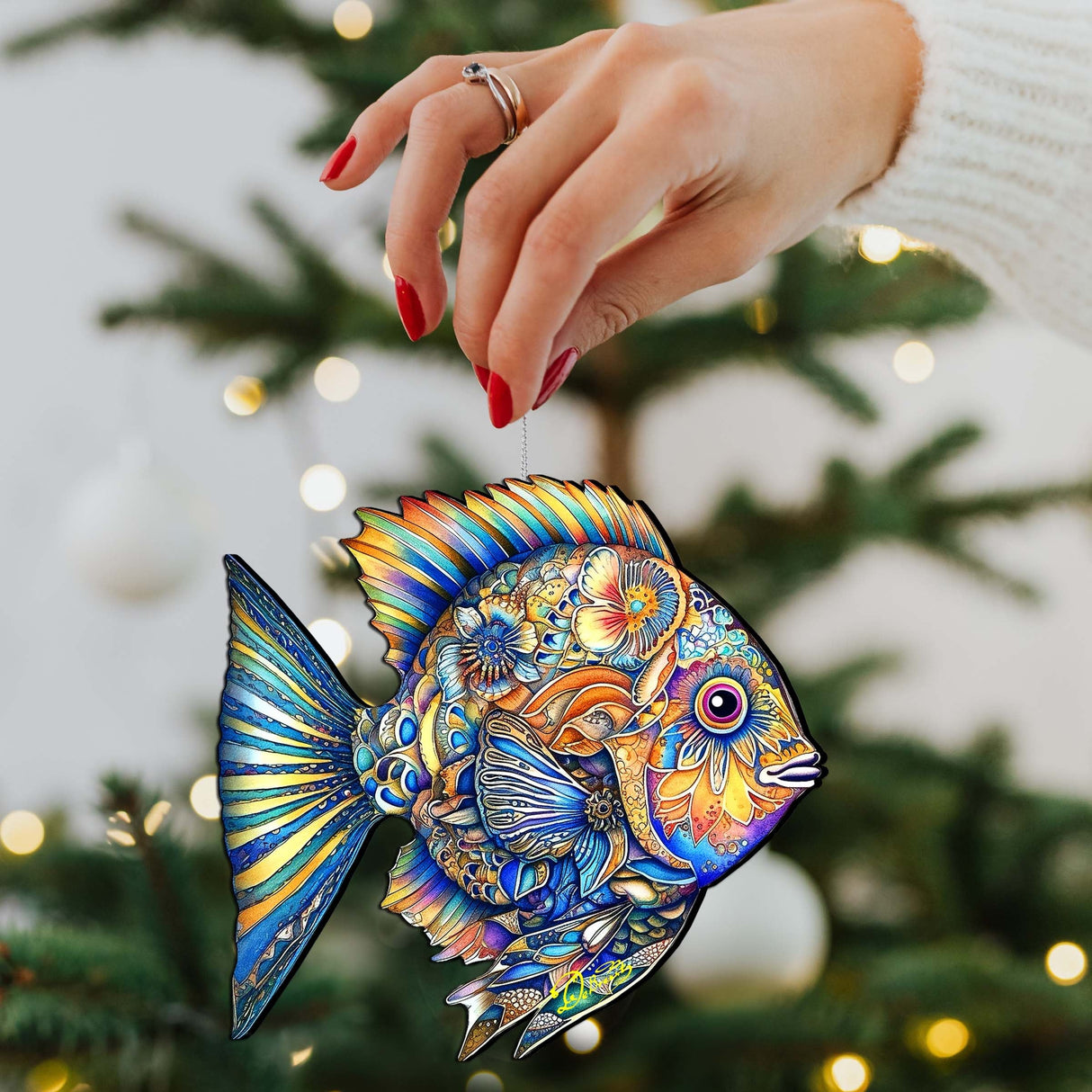 Beach Themed Ornaments - Cerulean Serenity Fish Wooden Ornaments by G.Debrekht Coastal Holiday Decor - 8688304