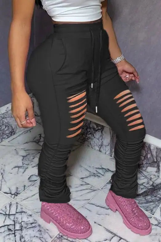 Ladies' Fashionable Casual Solid Color Autumn And Winter Perforated Pants - Lootquake