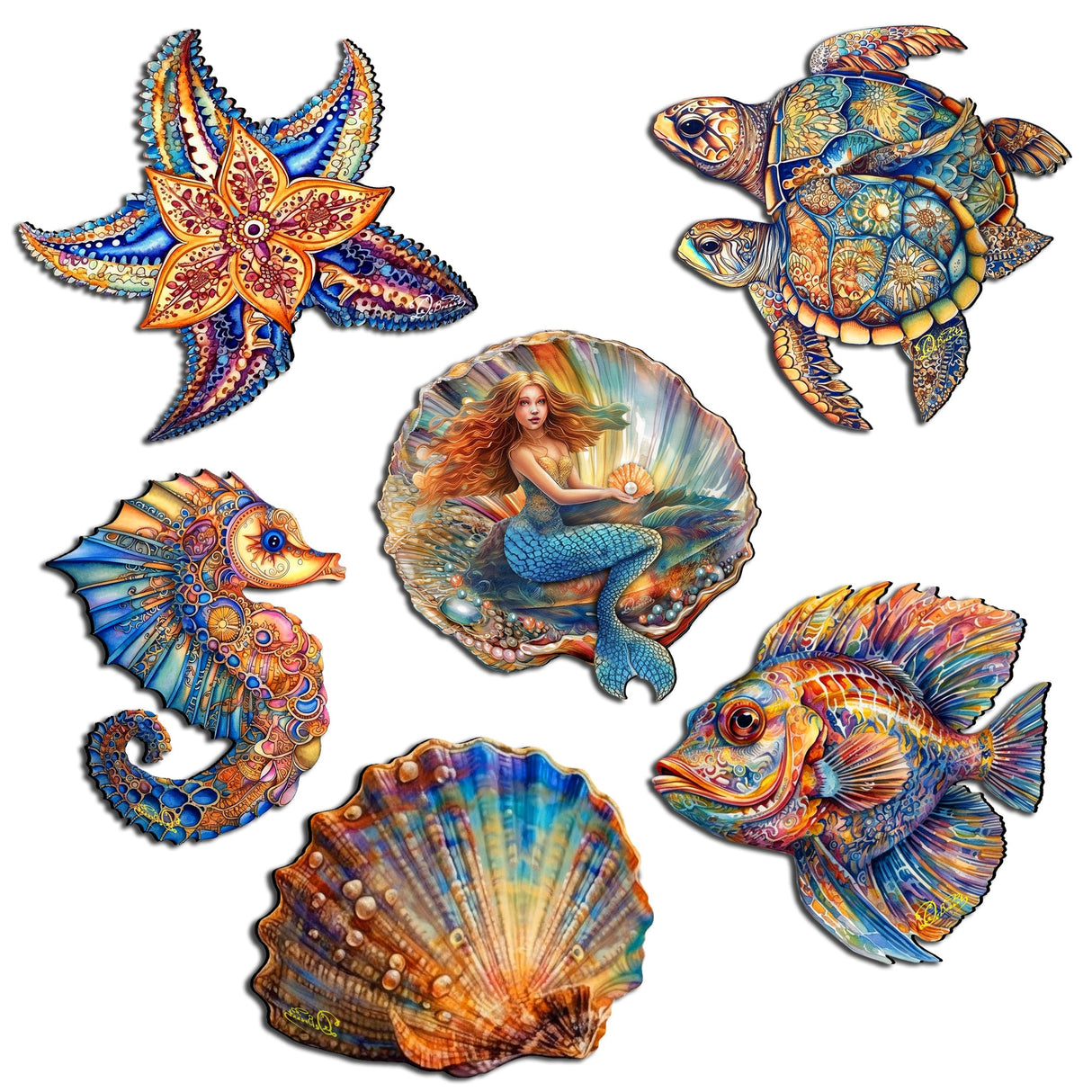 Mermaid and Friends Decorative Wooden Magnets Set of 6 by G. Debrekht - Coastal Decor - 8090064G-S6