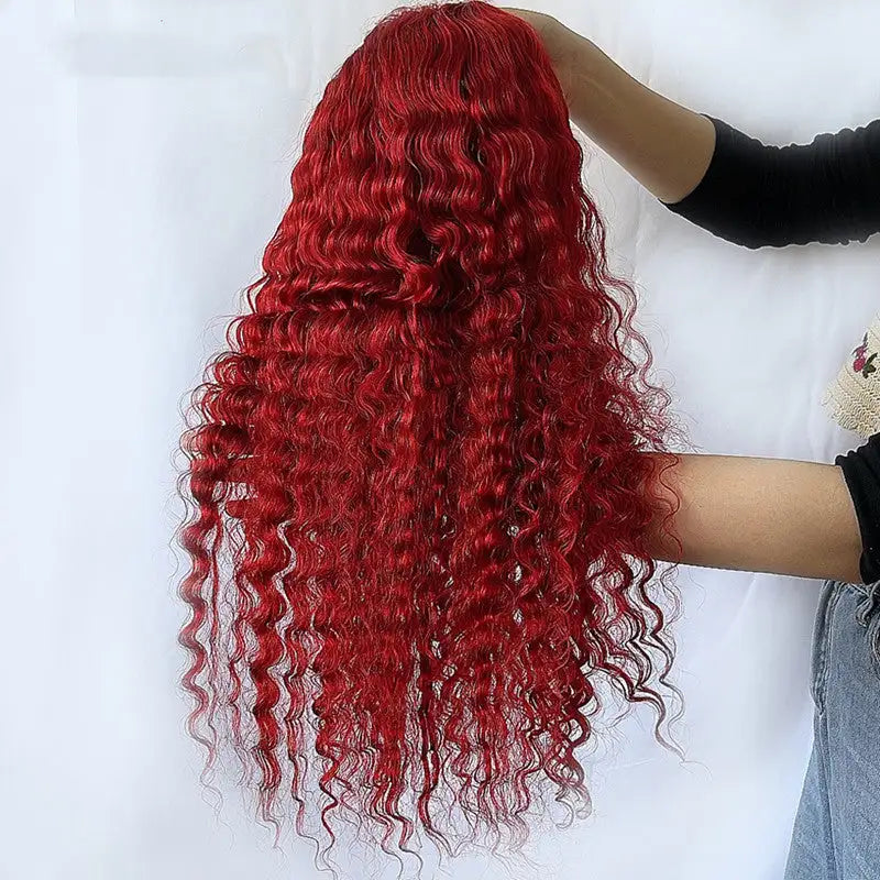 Red Deep Wave Human Hair Wig Real Headgear - Lootquake