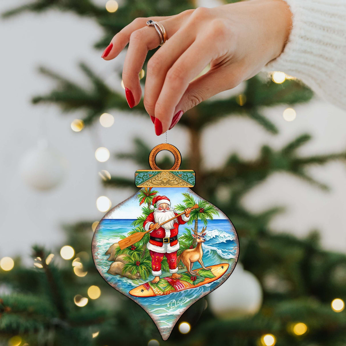 Beach Themed Ornaments - Santa's Surf Wooden Ornaments by G.Debrekht Coastal Holiday Decor - 8688187