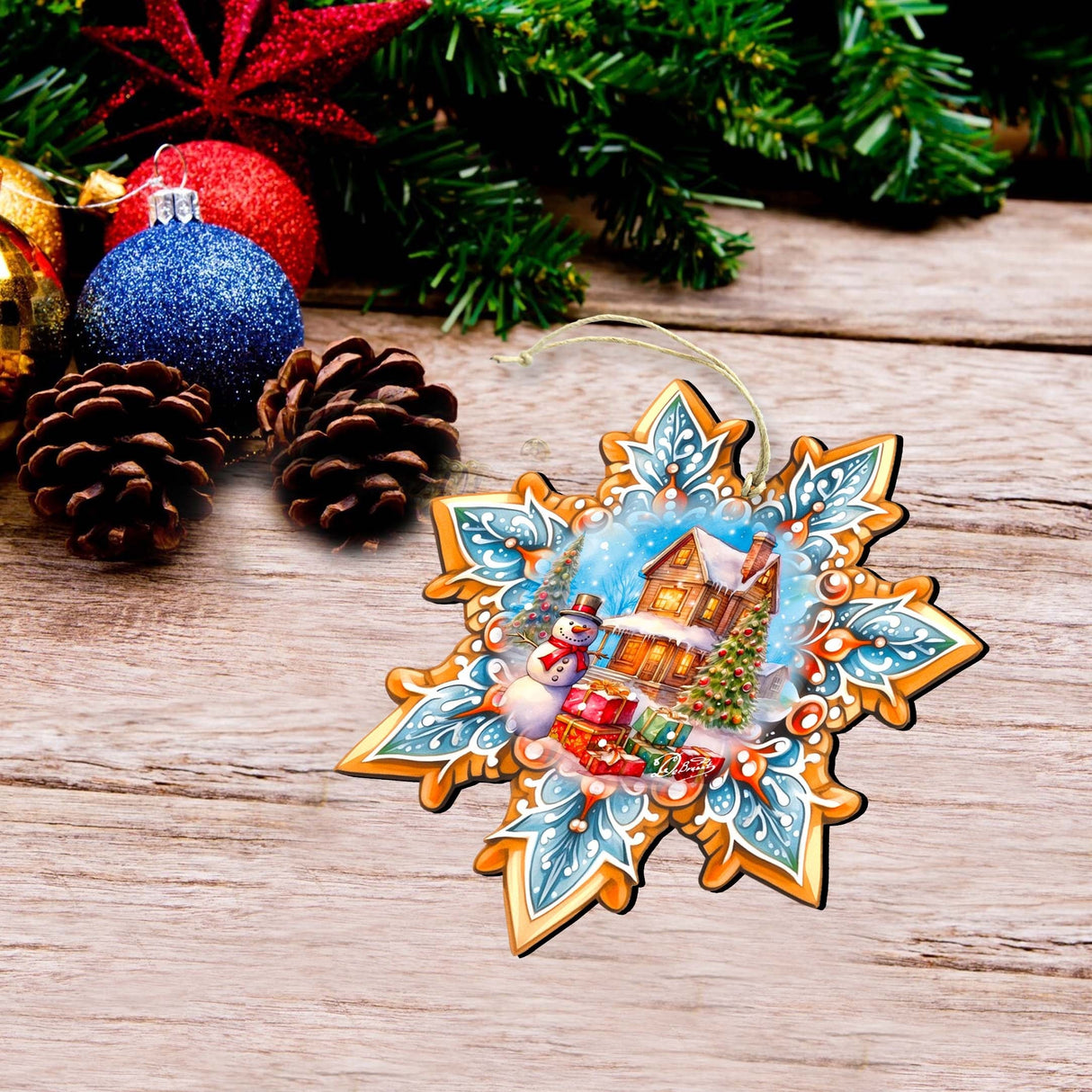Christmas House Snowflake Wooden Ornaments Set of 3 by G. Debrekht - Christmas Decor - 8090142-S3