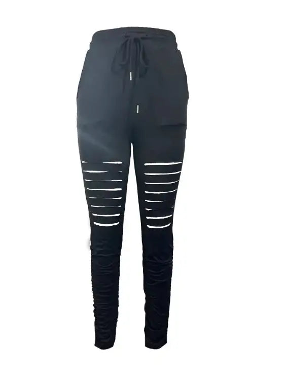 Ladies' Fashionable Casual Solid Color Autumn And Winter Perforated Pants - Lootquake