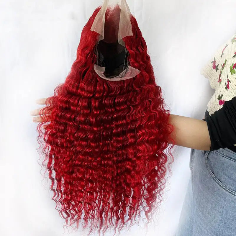 Red Deep Wave Human Hair Wig Real Headgear - Lootquake