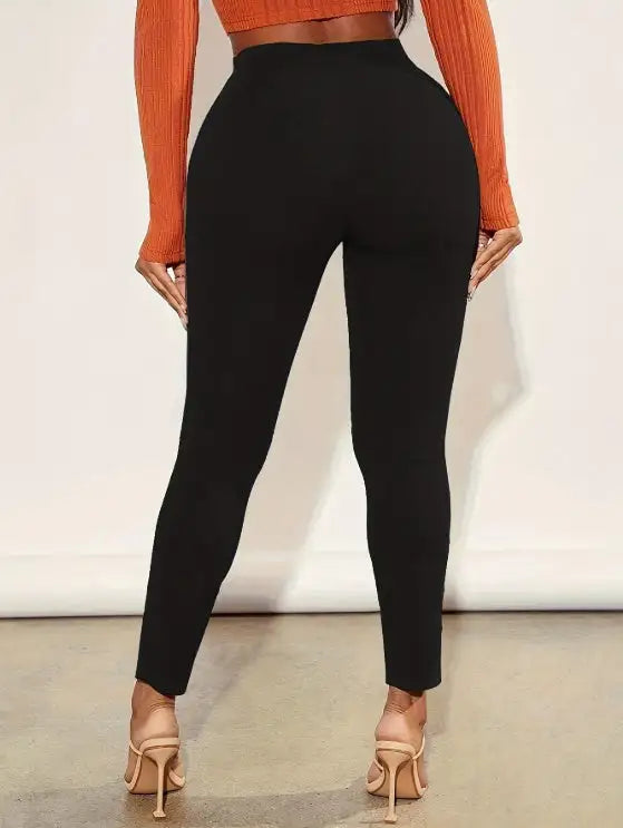 Ladies' Solid Color Ankle Slit Slim Fit Pants - Lootquake