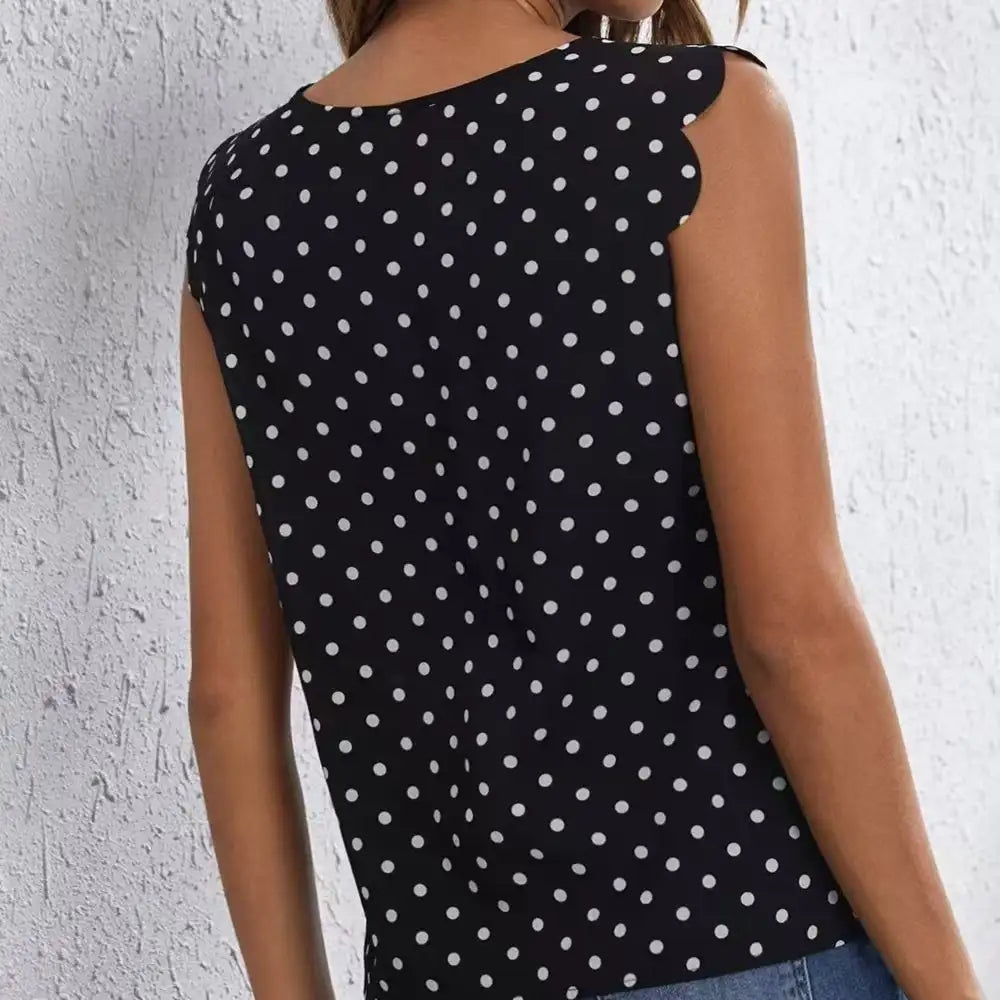 Ladies' Round Neck Wavy Sleeves Detail Off Shoulder Polka Dot Shirt - Lootquake
