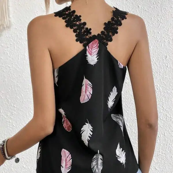 Women's Printed Feather Pattern Design V-neck Fashionable Slimming Camisole Vest - Lootquake