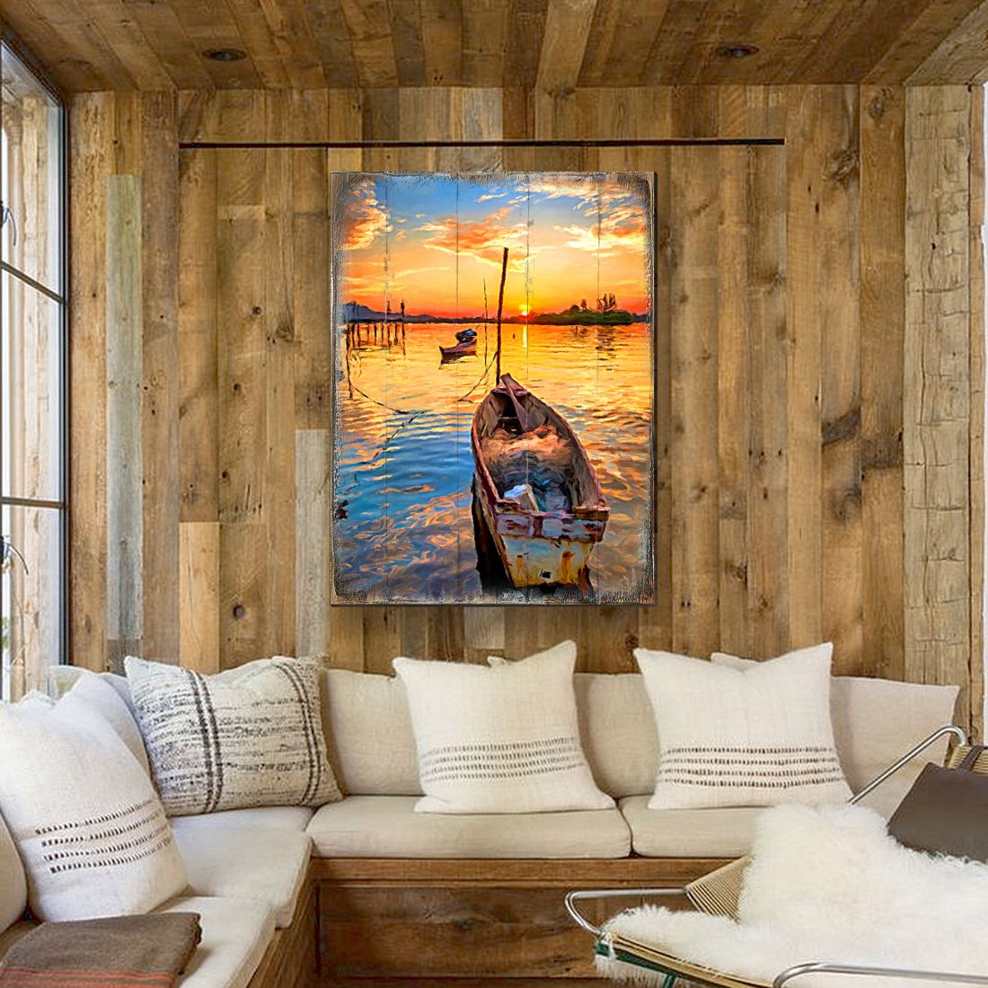 Arte de pared costero de madera con diseño de barco al atardecer de Sorrell, de Nature Wonders - Decoración costera de vida marina - 95228B