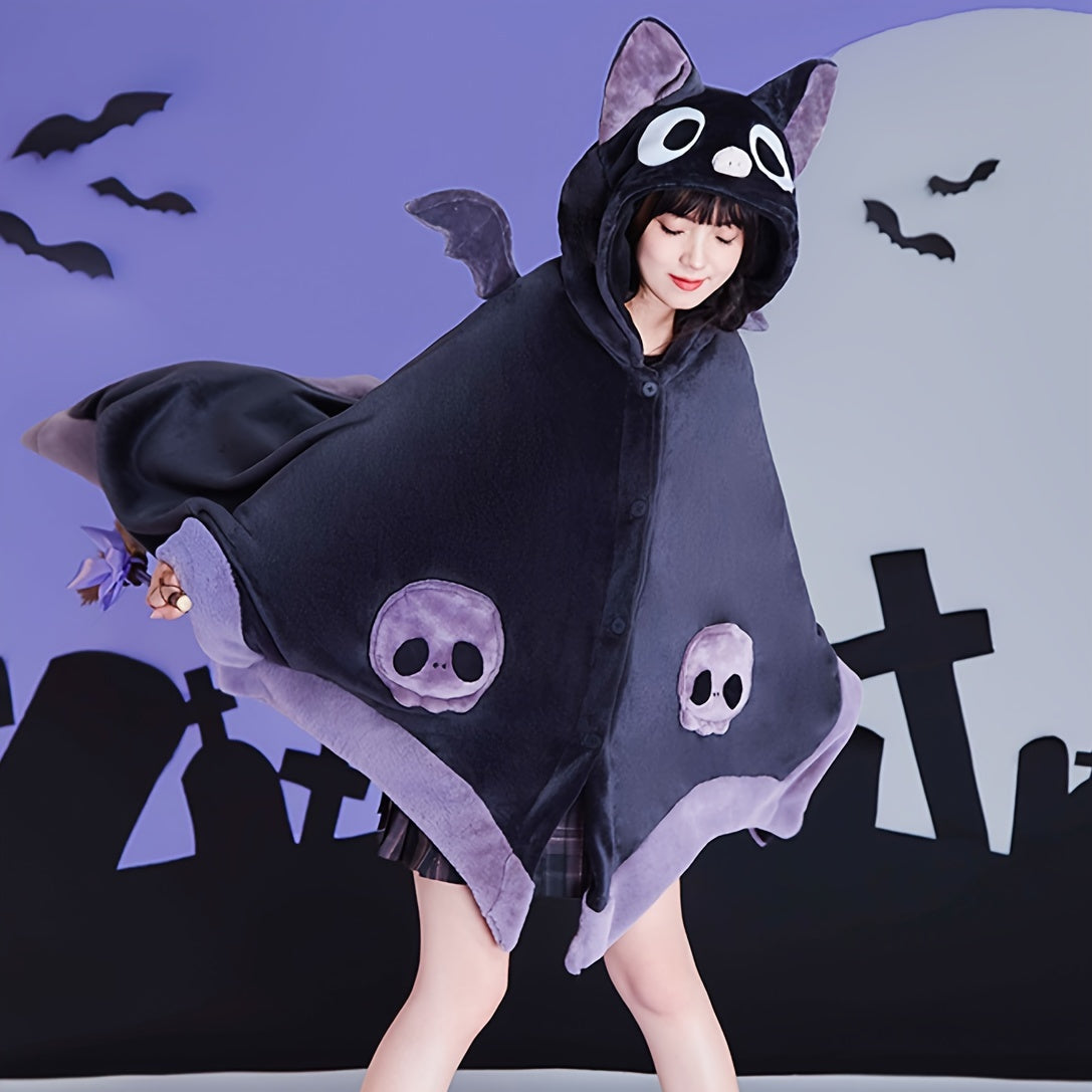 Cozy Bat-Themed Hooded Wearable Blanket with Detachable Nose - Soft Flannel, Machine Washable for Autumn & Winter
