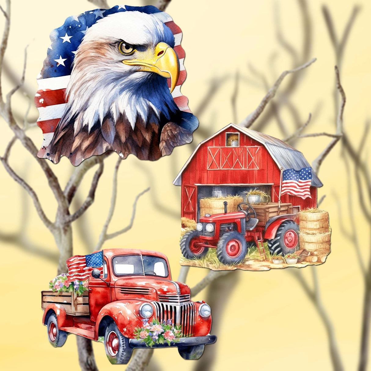 American flag Decorative Wooden Clip-on Ornaments Set of 3 by G. Debrekht - Patriotic Decor - 8091002C-S3