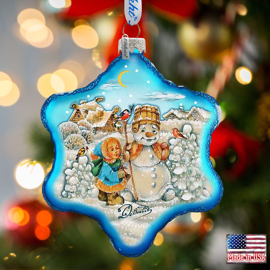 Adorno de vidrio con forma de copo de nieve para construir un muñeco de nieve por G. DeBrekht - Decoración navideña de Papá Noel - 754-005