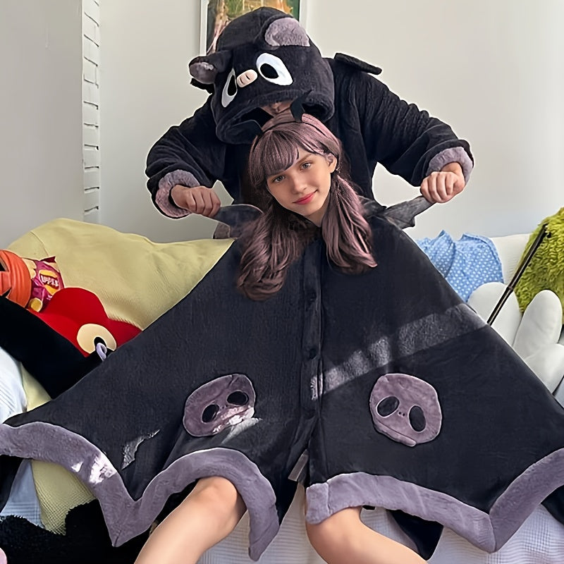 Cozy Bat-Themed Hooded Wearable Blanket with Detachable Nose - Soft Flannel, Machine Washable for Autumn & Winter
