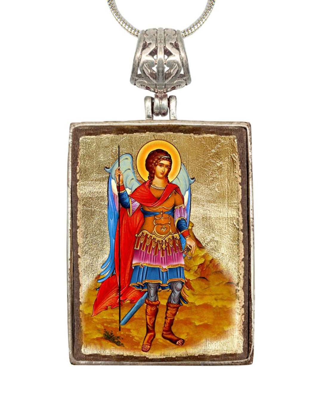 Saint Michael Religious Jewelry Silver Plated Necklace, Gold-Plated Wooden Cabochon - Orthodox Sacred Icon - Inspirational Icon Decor - 43022R