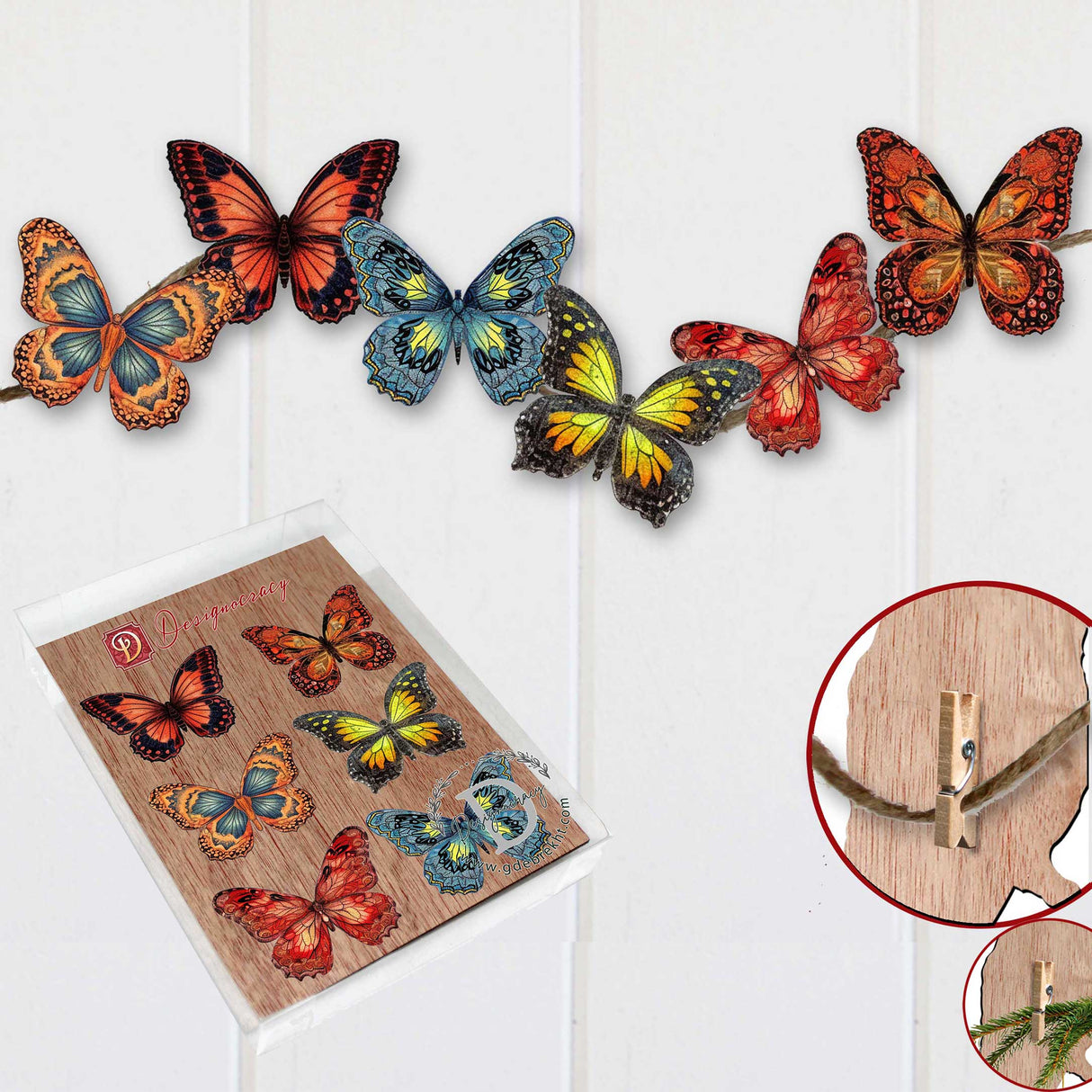 Summer Butterfly Decorative Wooden Clip-on Ornaments of 6 by G. Debrekht - Christmas Decor - 8090012-1C-S6