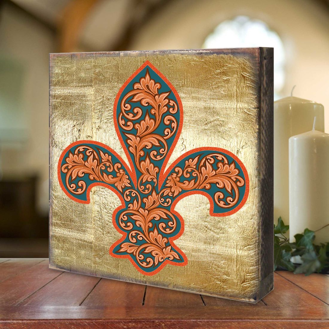Cross Fleur De Lis Wooden Gold Plated Wall Art by Museum Icon - Celtic Decor - 850442-18