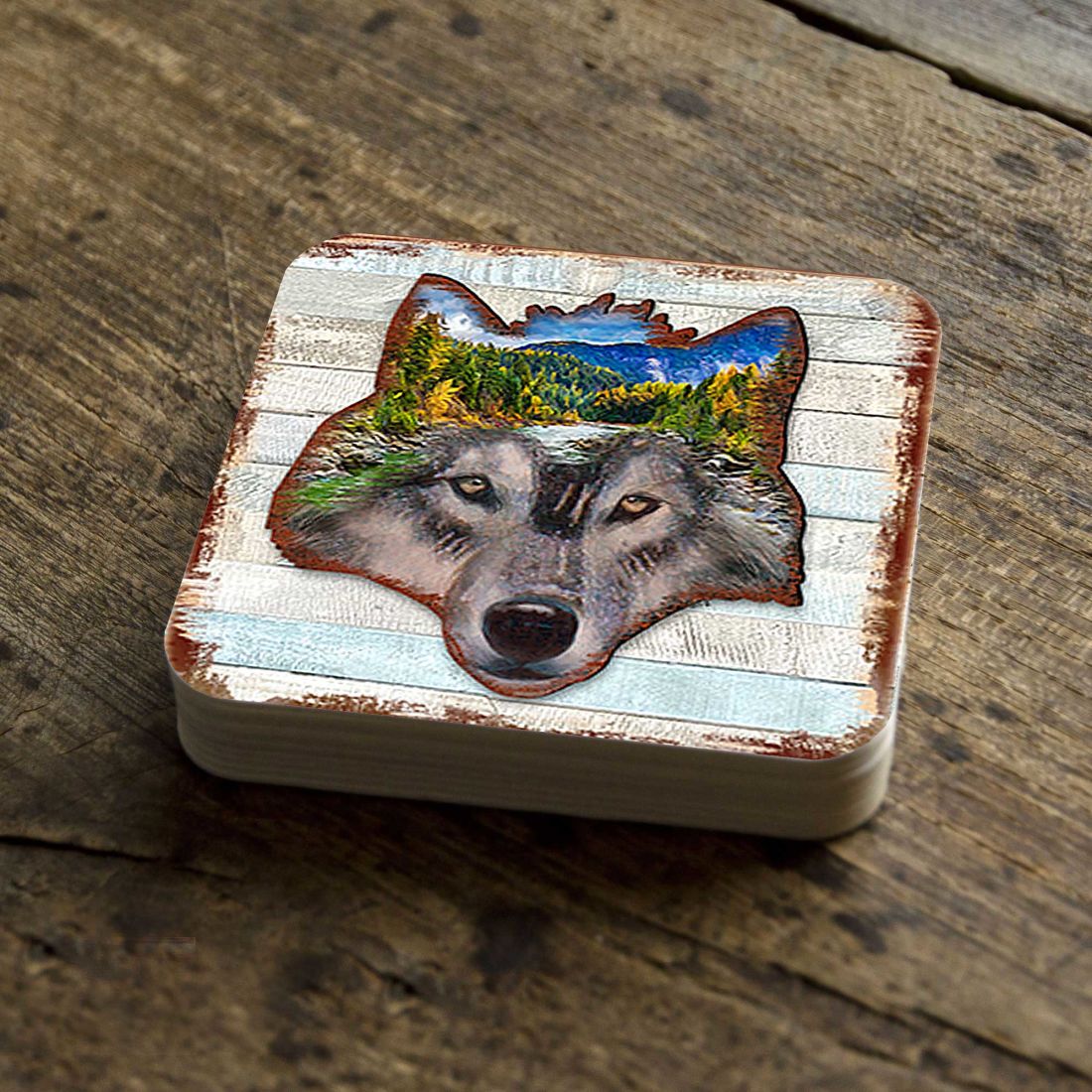 Wolf Face Wooden Cork Coasters Gift Set of 4 by Nature Wonders - Nature Wildlife Decor - 8198227-4-9C-S4