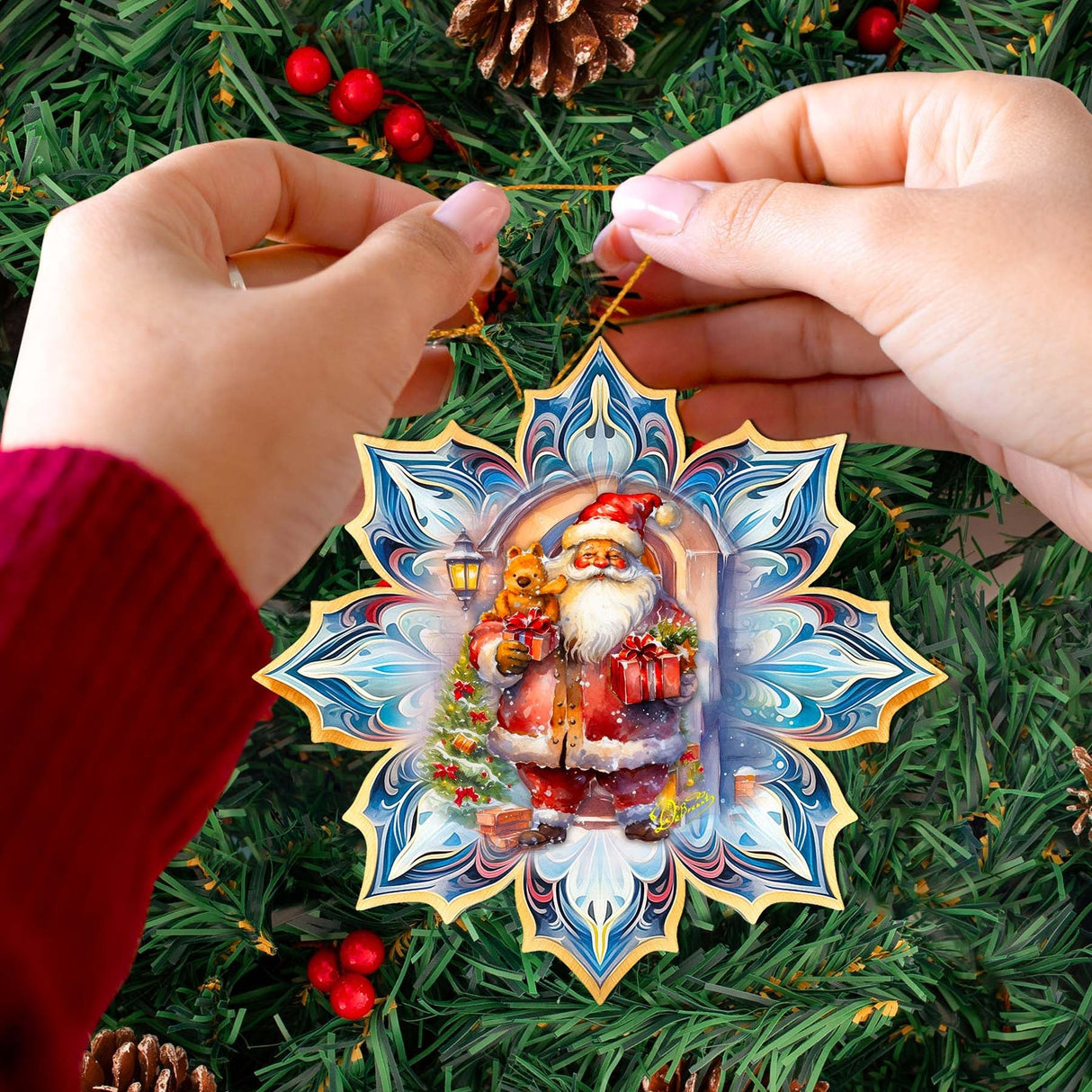 Adornos de madera con copos de nieve de Papá Noel con regalos de G. Debrekht - Decoración navideña de Papá Noel y muñeco de nieve - 8688421