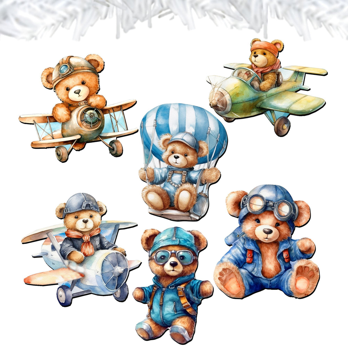 Aviator Teddy Bear Decorative Wooden Clip-on Ornaments of 6 by G. Debrekht - Christmas Decor - 8090010C-S6