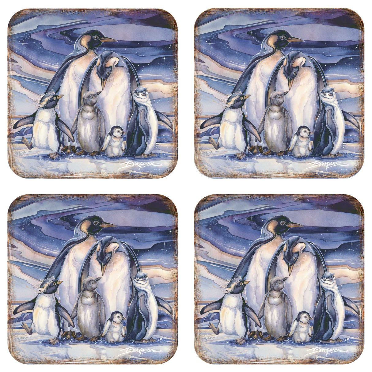 Juego de 4 posavasos de corcho de madera con diseño de familia de pingüinos de J. Bergsma - Decoración de fauna costera - 8199472C-S4-S4 (Copia)