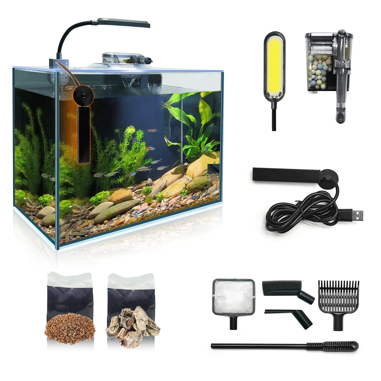 3 Gallon Betta Fish Tank Small Aquarium Starter Kit with Heater Self Cleaning System Efficiency Filter Bright Light Rocks Gravel Cleaning Tool Set HD Float Complete Glass Leak-Proof Gift Present - Lootquake