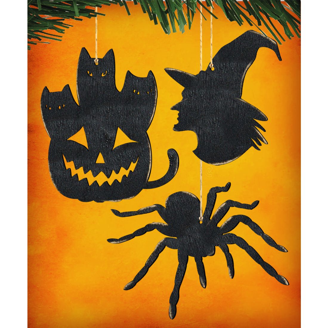 Adornos de madera para Halloween: calabaza, sombrero de bruja y araña (juego de 3) - Decoración de Halloween para Acción de Gracias - 8100186S3