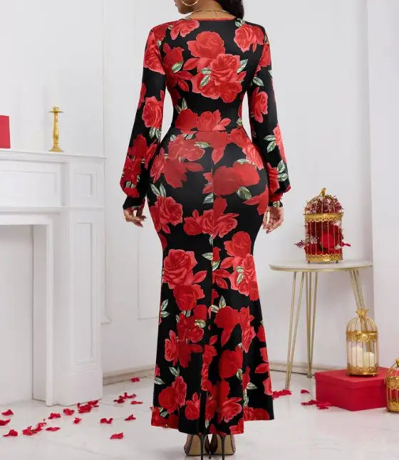 Ladies' V-neck Floral Print Fashionable Hip Hugging Dress - Lootquake