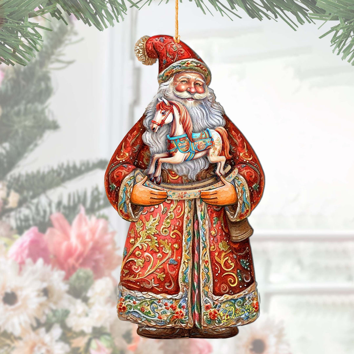 Adornos de madera con el nostálgico caballo mecedor de Papá Noel de G. Debrekht - Decoración navideña con muñeco de nieve de Papá Noel - 8691414