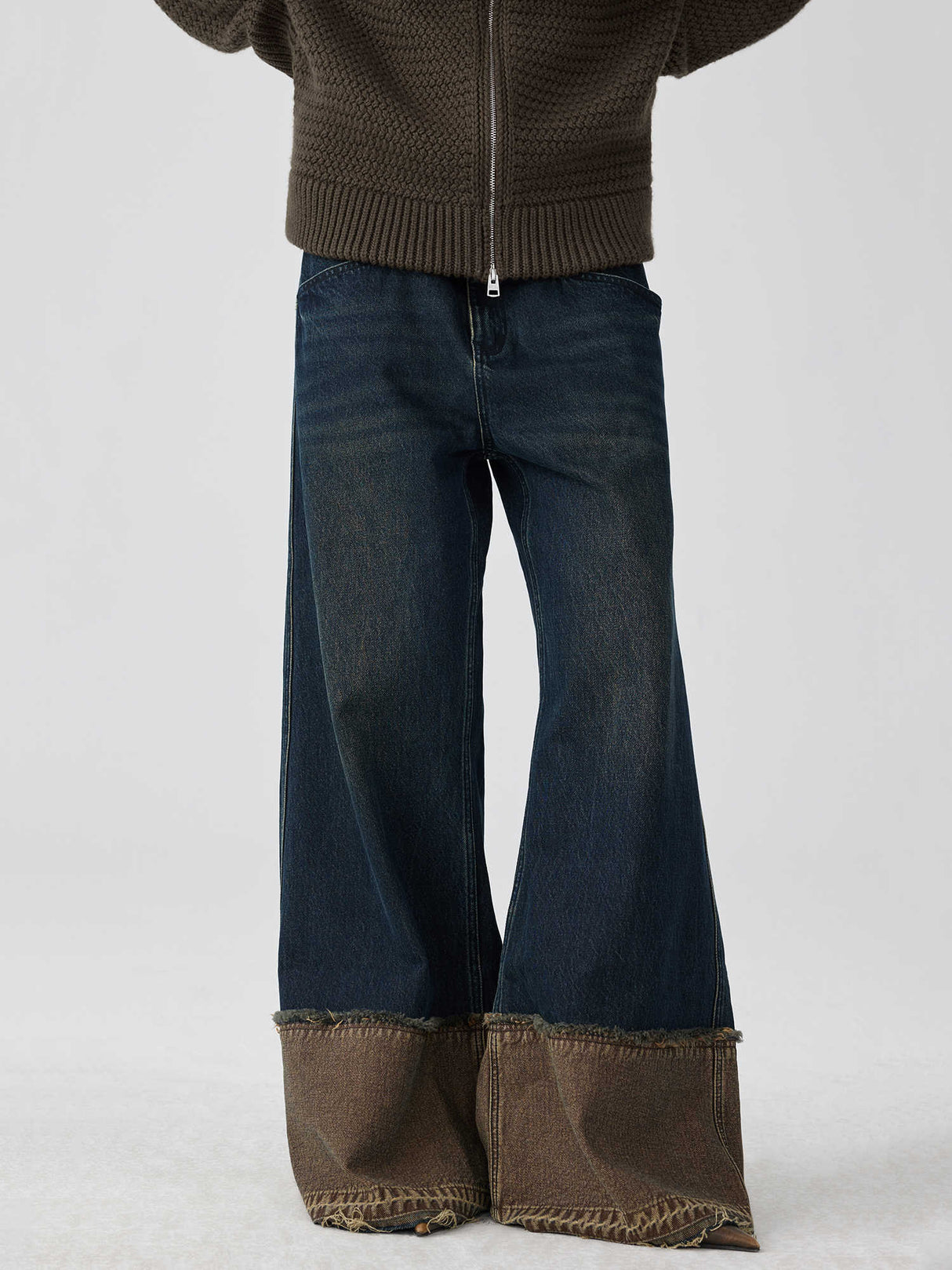 Brown Blue Nano Water Foot Washing Mouth Reverse Stitching Raw Hem Jeans - Lootquake