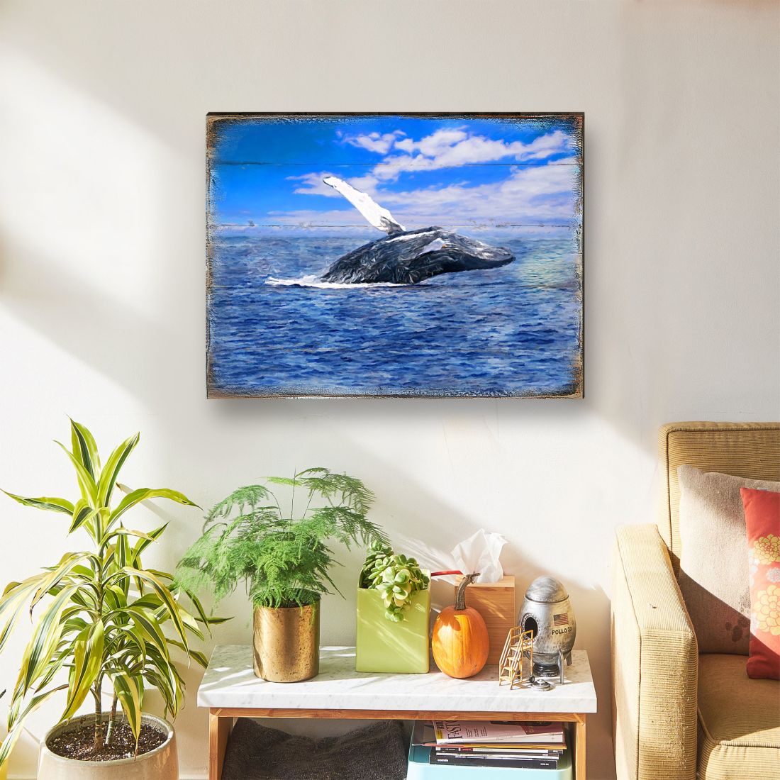 Arte mural costero de madera con ballena de Nature Wonders - Decoración costera con vida marina - 95257B