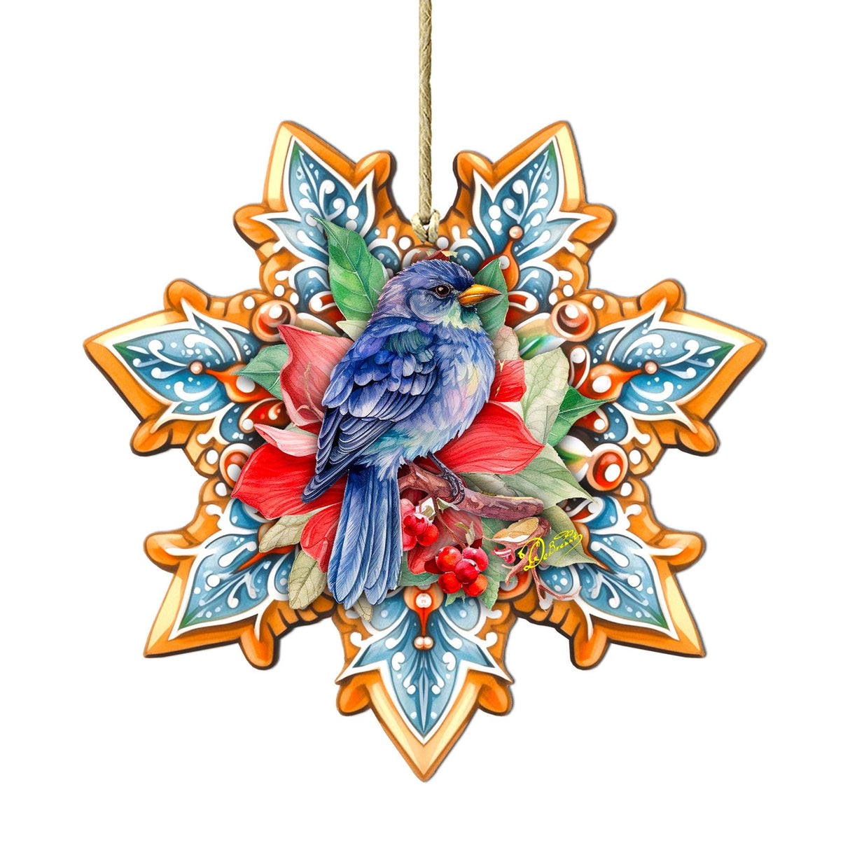 Blue Bird Snowflake Wooden Ornaments by G. Debrekht - Nature Wildlife Decor - 8688410