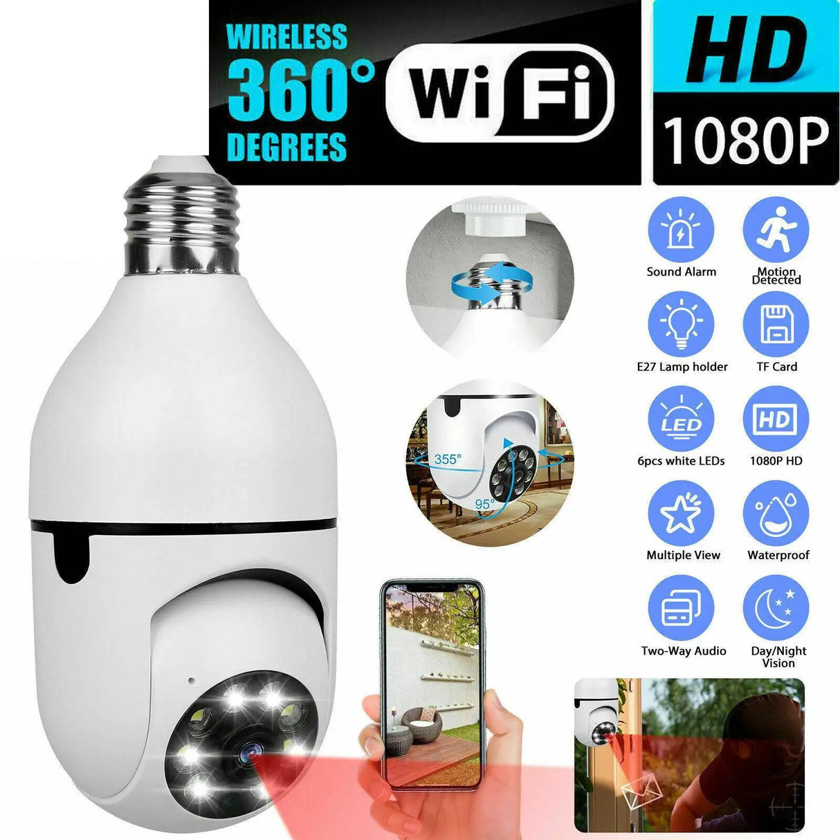 IR E27 Light Bulb Camera 1080P HD Wireless Wifi Smart Home Security Camera - Lootquake