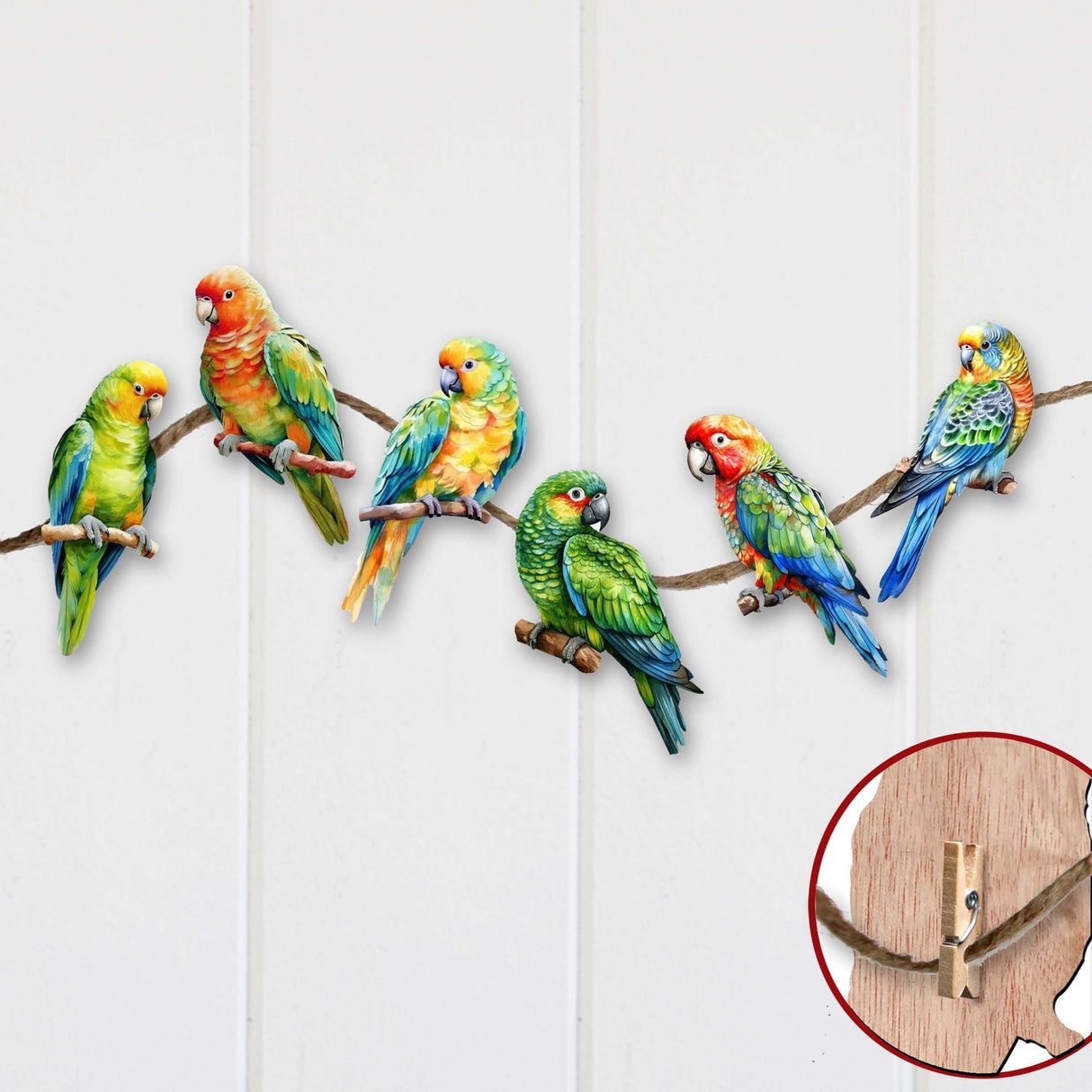 Parrots Decorative Wooden Clip-on Ornaments of 6 by G. Debrekht - Christmas Decor - 8090013C-S6