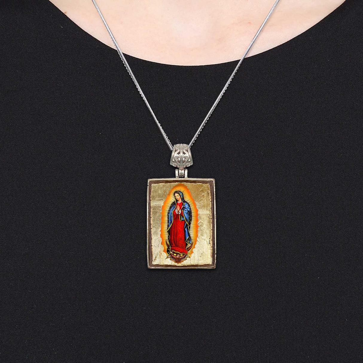 Lady of Guadalupe Religious Jewelry Silver Plated Necklace, Gold-Plated Wooden Cabochon - Catholic Sacred Icon - Inspirational Icon Decor - 43032R