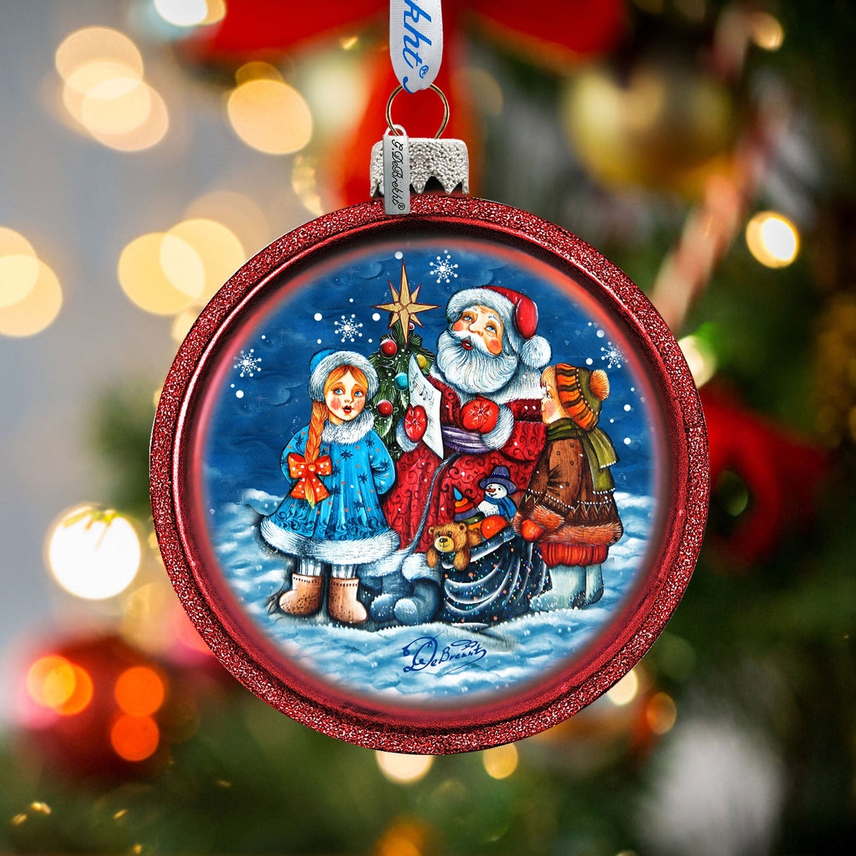 Adorno navideño de cristal con forma de bola de celebración de pueblo, único en su tipo, de G. DeBrekht - Decoración navideña de Papá Noel y muñeco de nieve - 73569C