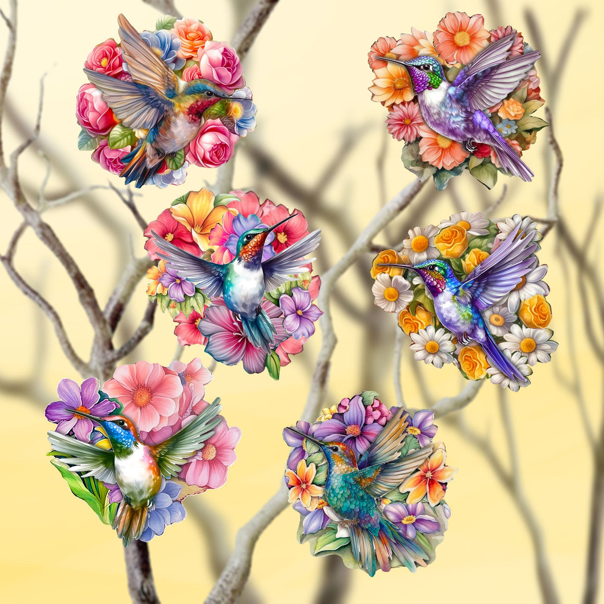 Juego de 6 adornos decorativos de madera con forma de colibríes, de G. Debrekht - Decoración de Pascua y primavera - 8090140C-S6