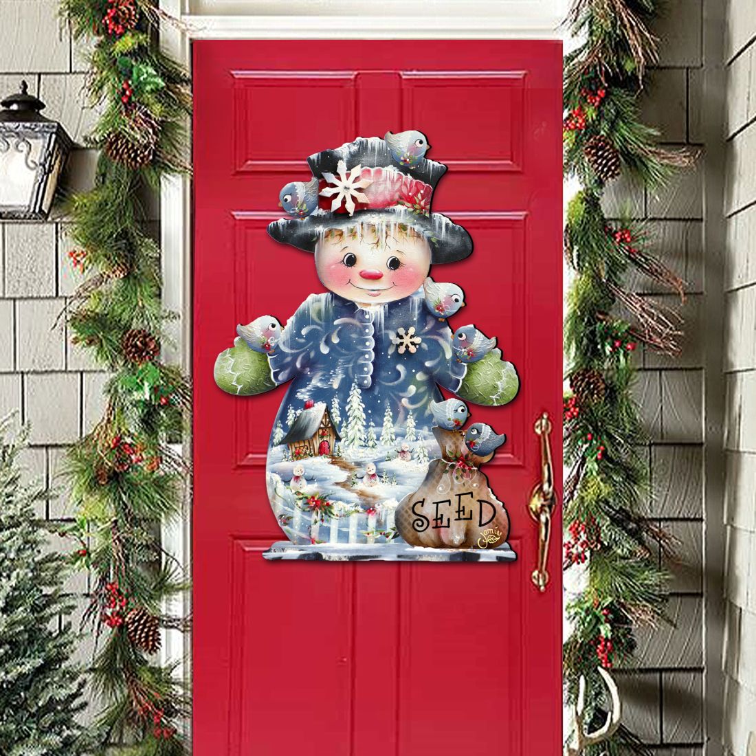 Decoración para puerta "Amigos congelados" (brillo escarchado) de Jamie Mills-Price - Decoración navideña de Papá Noel y muñeco de nieve - 8457511H