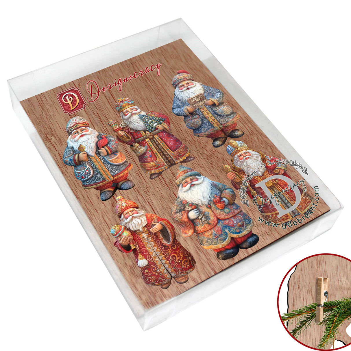 Santa Decorative Wooden Clip-on Ornaments Set of 6 by G. Debrekht - Christmas Decor - 8090032C-S6