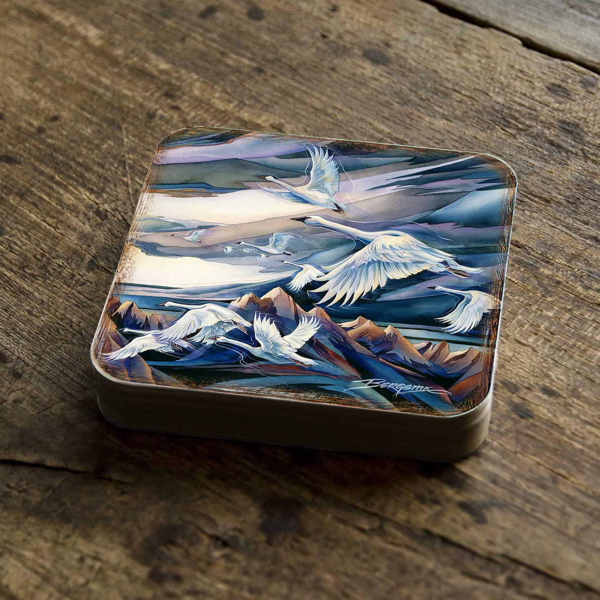 Flying Swans Wooden Cork Coasters Gift Set of 4 by J. Bergsma - Coastal Decor - 8199457C-S4