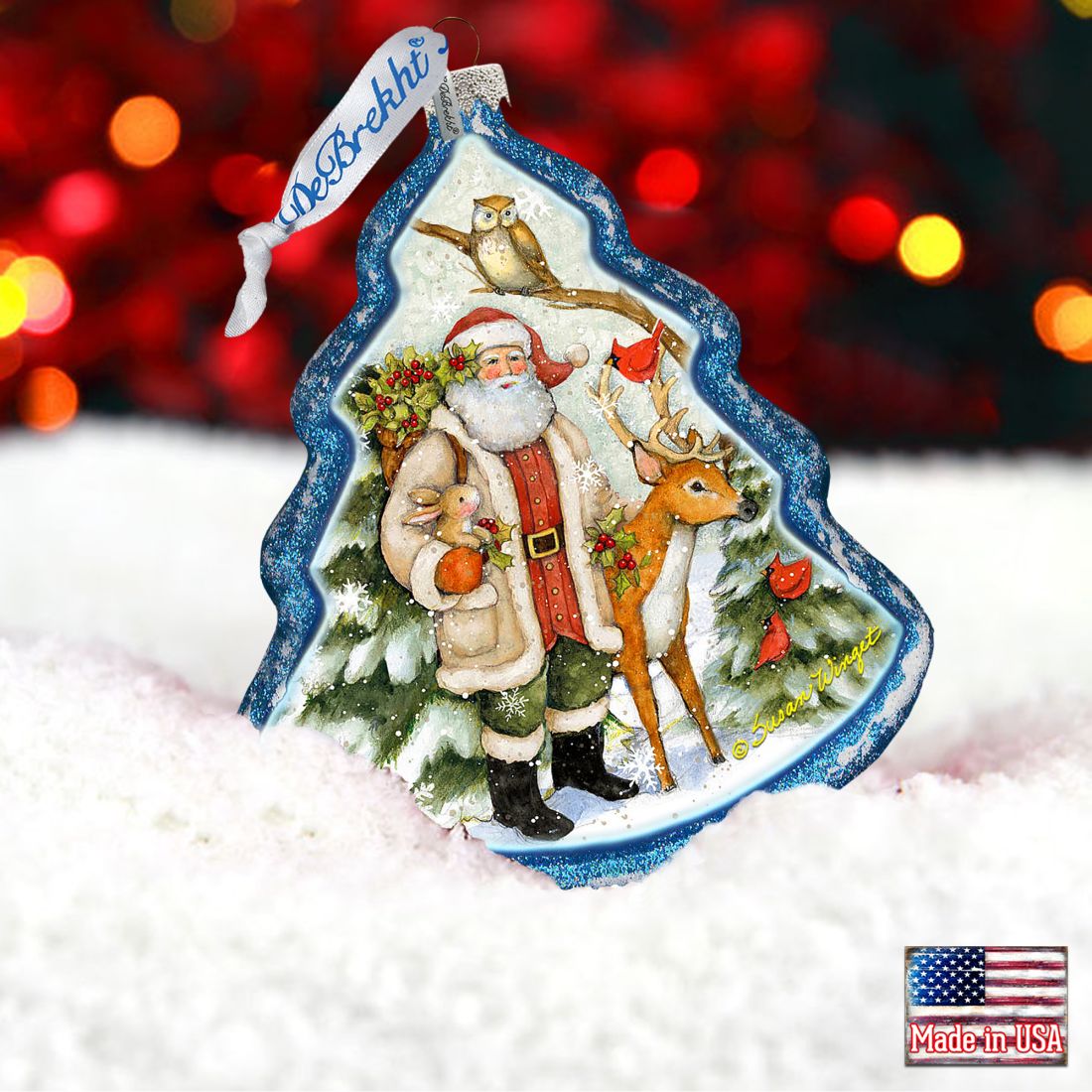 Santa in the Forest Glass Ornament by Susan Winget - Christmas Santa and Snowman Decor - 762-209-SW