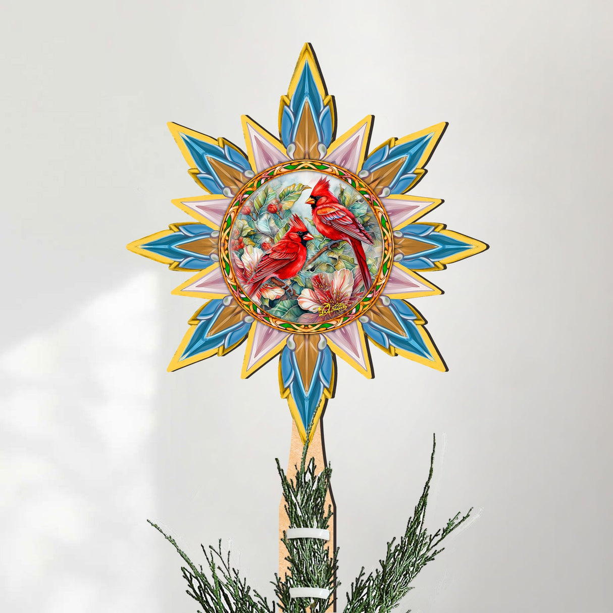 Christmas Cardinals Star Tree Topper Wooden Decor by G. Debrekht - Wildlife Holiday Decor - 89510