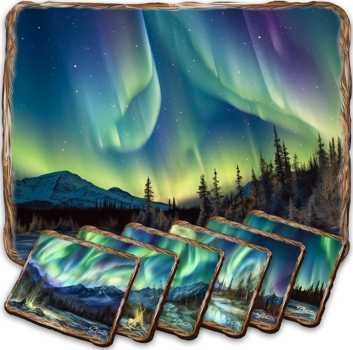 Northern Lights Wooden Cork Placemat and Coasters Gift Set of 7 by Nature Wonders Nature Wildlife Decor - 85401C-S7