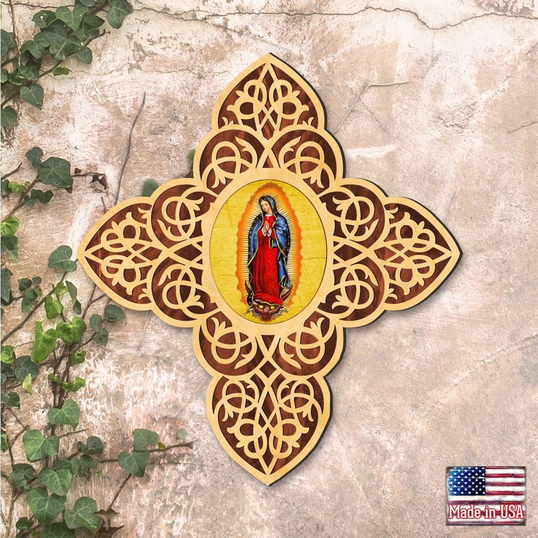 Cruz de madera de filigrana de la Virgen de Guadalupe de Museum Icons - Decoración inspiradora de iconos - 88432